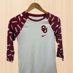 Nike Raglan Athletic Tee with Red and White Design 3/4 Length. Oklahoma Sooners
